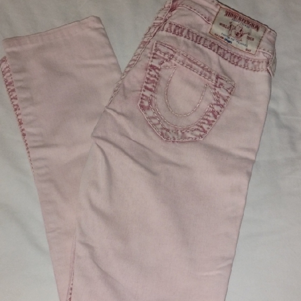 True Religion Pink Skinny Jeans with Intricate Stitching